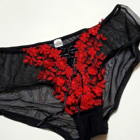 Bra & (2) Panty Set Sizes 38C/1x Red & Blk Lace By Delicates - Picture 15 of 17